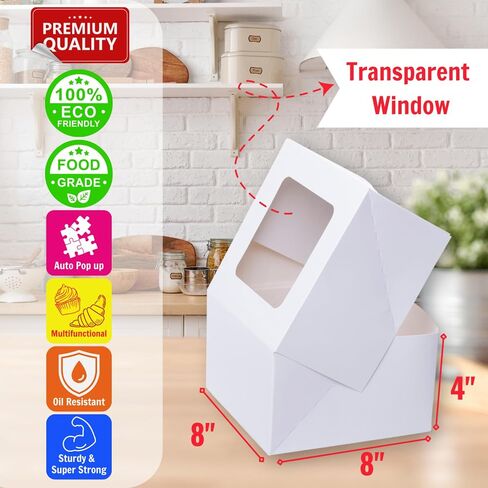 Cake Boxes 8x8x5 Inch 25 Pack with Window, 30 Bonus Sticker, Auto Popup, Extra Thick, Oil Resistant, Ideal for Cookie, Pie, Treat, Pastry, Bakery,For Home Cooker and Restaurant, White in Saudi Arabia