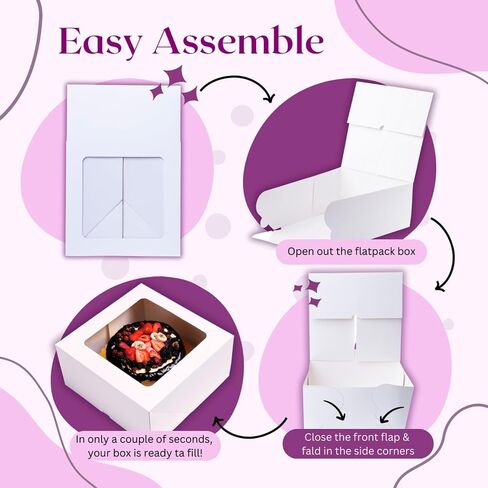 Cake Boxes 8x8x5 Inch 25 Pack with Window, 30 Bonus Sticker, Auto Popup, Extra Thick, Oil Resistant, Ideal for Cookie, Pie, Treat, Pastry, Bakery,For Home Cooker and Restaurant, White in Saudi Arabia