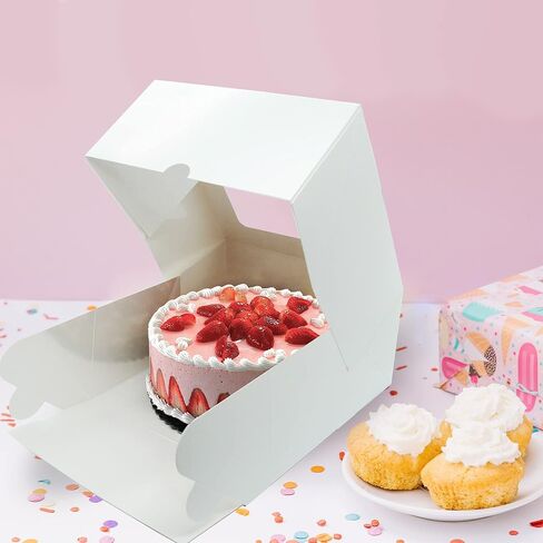 Cake Boxes 8x8x5 Inch 25 Pack with Window, 30 Bonus Sticker, Auto Popup, Extra Thick, Oil Resistant, Ideal for Cookie, Pie, Treat, Pastry, Bakery,For Home Cooker and Restaurant, White in Saudi Arabia