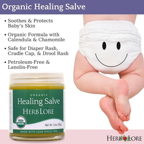 Herb Lore USDA Organic Healing Salve Ointment - Baby Diaper Rash Cream – Natural Soothing Balm with Calendula for Cradle Cap, Drool Rash, Dry & Irritated Skin, Face & Body (3.4 oz) in Kuwait