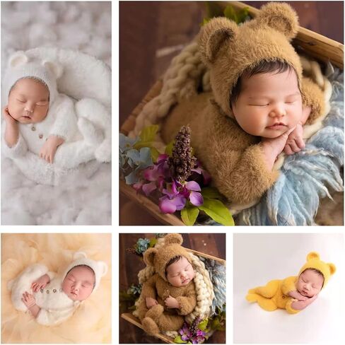 الدعائم التصوير الفوتوغرافي لحديثي الولادة صبي فتاة ملابس موهير الدب قبعة رومبير ارتداءها ملابس الطفل صور الدعائم صور للأطفال (أصفر) in Kuwait