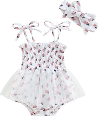 FYBITBO 4th of July Baby Girl Outfits American Flag Sleeveless Strap Romper Dress Tulle Bodysuit Infant Summer Clothes Set in Kuwait