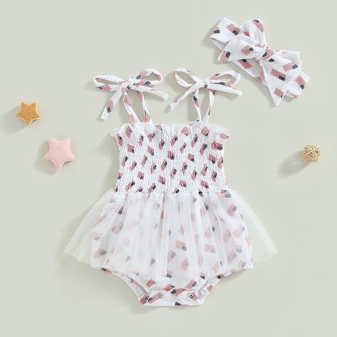 FYBITBO 4th of July Baby Girl Outfits American Flag Sleeveless Strap Romper Dress Tulle Bodysuit Infant Summer Clothes Set in Kuwait