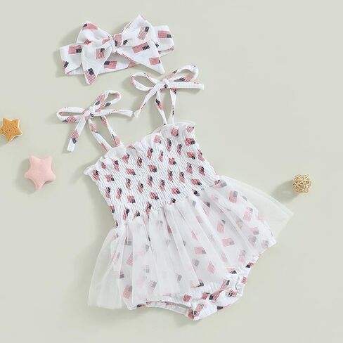 FYBITBO 4th of July Baby Girl Outfits American Flag Sleeveless Strap Romper Dress Tulle Bodysuit Infant Summer Clothes Set in Kuwait