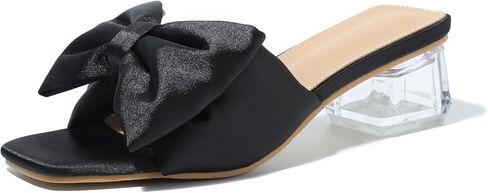 Heiyom Women's Square Toe Low Block Chunky Heels Mules Sandals Bowknot Slip on Clear Heels Wedding Bridal Party Dress Shoes in Kuwait