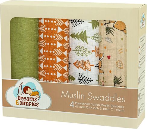 DREAMS & DIMPLES Muslin Swaddle Blankets 4 Pack Premium 100% Cotton Baby Swaddle Blanket Soft & Breathable 47" X 47" Baby Receiving Blankets for Boys and Girls (Into The Jungle) in Saudi Arabia
