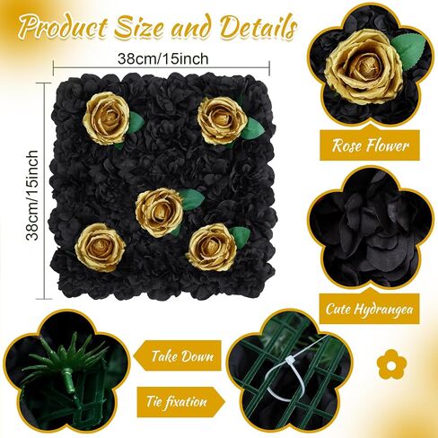 Artificial Flower Wall Backdrop Panels Black Gold 5ftx3.74ft White Rose Halloween Backdrop 3D Floral Wall for Party Event Photoshoot Background Decorations in Kuwait