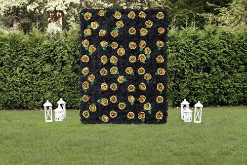 Artificial Flower Wall Backdrop Panels Black Gold 5ftx3.74ft White Rose Halloween Backdrop 3D Floral Wall for Party Event Photoshoot Background Decorations in Kuwait