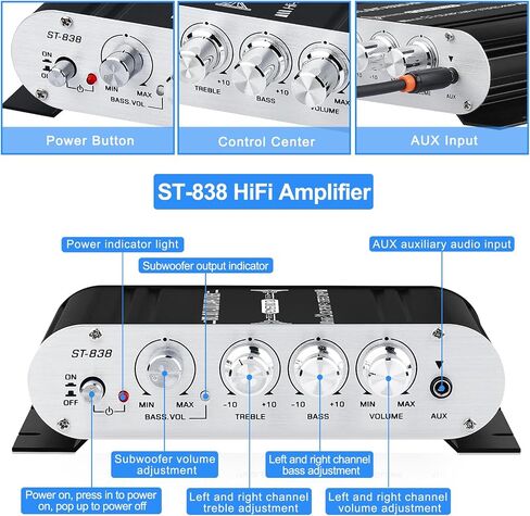 جهاز استقبال مضخم صوت ستيريو لمكبرات الصوت المنزلية، AK-390 Bluetooth5.0 HiFi Mini Audio Amp 2.0 قناة RMS 40W X 2 مضخمات مكونات الصوت مع محول 12V/5A، راديو FM، مدخل (BT، USB، AUX، Mic) in Kuwait