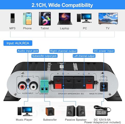 جهاز استقبال مضخم صوت ستيريو لمكبرات الصوت المنزلية، AK-390 Bluetooth5.0 HiFi Mini Audio Amp 2.0 قناة RMS 40W X 2 مضخمات مكونات الصوت مع محول 12V/5A، راديو FM، مدخل (BT، USB، AUX، Mic) in Kuwait