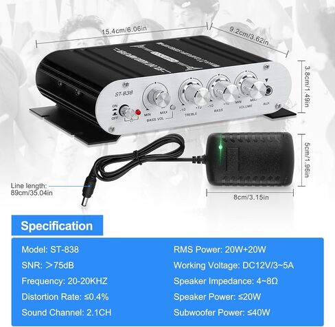 جهاز استقبال مضخم صوت ستيريو لمكبرات الصوت المنزلية، AK-390 Bluetooth5.0 HiFi Mini Audio Amp 2.0 قناة RMS 40W X 2 مضخمات مكونات الصوت مع محول 12V/5A، راديو FM، مدخل (BT، USB، AUX، Mic) in Kuwait