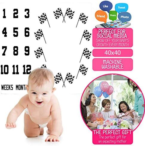 F-FUN SOUL Race Car Flags Baby Monthly Milestone Blanket 48x40in Racing Sports Theme Nursery Blanket Newborns Mom Gifts Baby Shower Growth Tracker with Bonus Marker DSFS130 in Kuwait