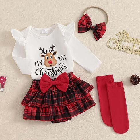 My First Chtistmas Baby Girl Outfits Ruffle Long Sleeve Romper Plaid Tutu Shorts Headband Socks 4pcs Fall Clothes in Kuwait