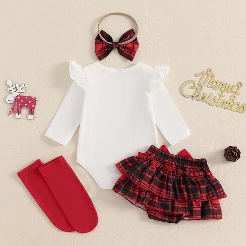 My First Chtistmas Baby Girl Outfits Ruffle Long Sleeve Romper Plaid Tutu Shorts Headband Socks 4pcs Fall Clothes in Kuwait