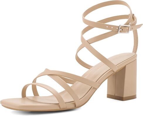 LACUONE كعب عريض للنساء بمقدمة مربعة وكعب مكتنز وإبزيم للكاحل وصنادل بكعب عالٍ in Kuwait