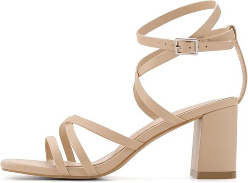 LACUONE كعب عريض للنساء بمقدمة مربعة وكعب مكتنز وإبزيم للكاحل وصنادل بكعب عالٍ in Kuwait