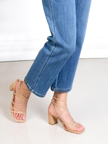 LACUONE كعب عريض للنساء بمقدمة مربعة وكعب مكتنز وإبزيم للكاحل وصنادل بكعب عالٍ in Kuwait