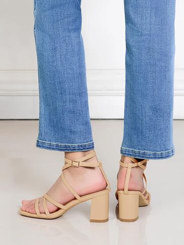 LACUONE كعب عريض للنساء بمقدمة مربعة وكعب مكتنز وإبزيم للكاحل وصنادل بكعب عالٍ in Kuwait