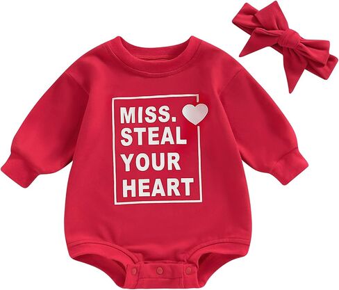 Baby Girl Boy Valentine's Day Outfit Miss Steal Your Heart Romper Long Sleeve Oversized Onesie Fall Winter Clothes in Saudi Arabia