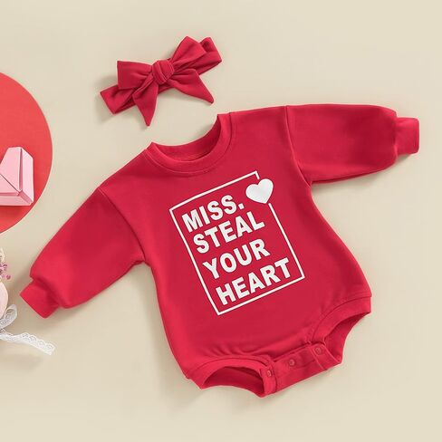 Baby Girl Boy Valentine's Day Outfit Miss Steal Your Heart Romper Long Sleeve Oversized Onesie Fall Winter Clothes in Saudi Arabia