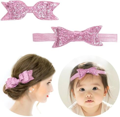 Mommy and Baby Girls Sparkle Bow Hair Accessories Newborn Toddler Elastic Hair Bow Headbands Bow-knot Hair Clips Barrette Mommy Daughter Baby Matching Outfits (Silver, one size) in Kuwait