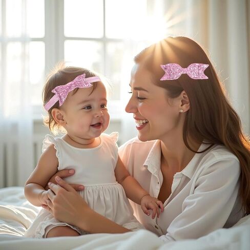 Mommy and Baby Girls Sparkle Bow Hair Accessories Newborn Toddler Elastic Hair Bow Headbands Bow-knot Hair Clips Barrette Mommy Daughter Baby Matching Outfits (Silver, one size) in Kuwait