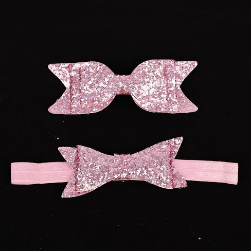 Mommy and Baby Girls Sparkle Bow Hair Accessories Newborn Toddler Elastic Hair Bow Headbands Bow-knot Hair Clips Barrette Mommy Daughter Baby Matching Outfits (Silver, one size) in Kuwait