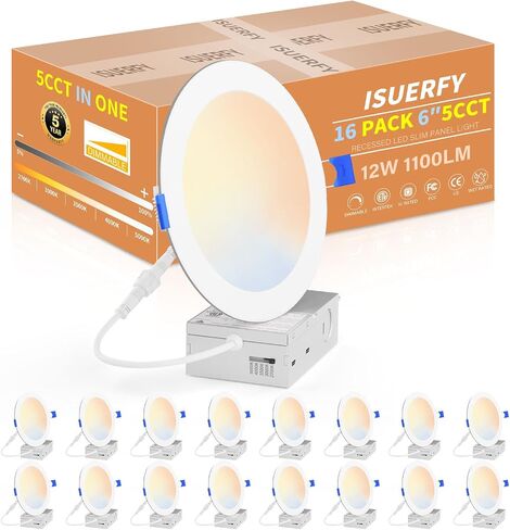 16 حزمة 6 بوصة 5CCT رفيعة للغاية LED ضوء السقف مع صندوق وصلات، 2700K/3000K/3500K/4000K/5000K قابلة للاختيار، 12W 110W Eqv، 1100LM مصابيح سفلية من الرقاقة غير القابلة للتعتيم لشرفة المطبخ، ETL&FCC in Kuwait