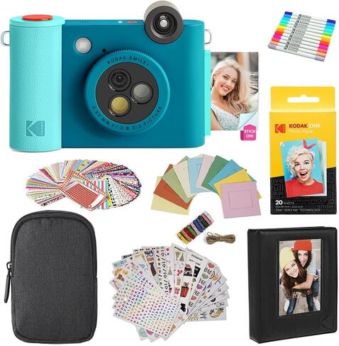 KODAK Smile+ 2-in-1 Digital Instant Print Camera & Photo Printer Gift Bundle + Case + Zink 2x3 Sticky Back Photo Paper 20pk + Album + Sticker Sets + Sticker Frames + Hanging Frames + Markers - Black in Saudi Arabia