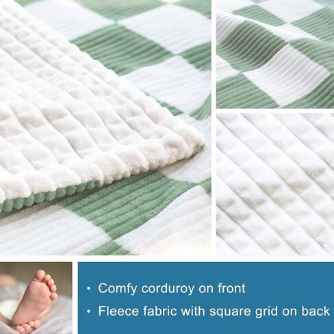 HOMRITAR Checkered Baby Blanket for Boys Sage Green Comfy Durable Corduroy Toddler Blanket with Double Layer 3D Square Grid Backing, Reversible Lightweight Bed Blanket for Infant Newborn 30 x 40 Inch in Saudi Arabia