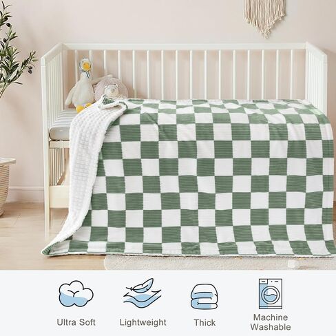 HOMRITAR Checkered Baby Blanket for Boys Sage Green Comfy Durable Corduroy Toddler Blanket with Double Layer 3D Square Grid Backing, Reversible Lightweight Bed Blanket for Infant Newborn 30 x 40 Inch in Saudi Arabia