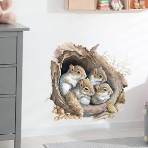 Cute Lifelike Squirrels in The Tree Hole Wall Decal Nursery Animal Wall Sticker Removable Peel and Stick Wall Art Decor Stickers for Kids Baby Classroom Preschool Living Room Bedroom School