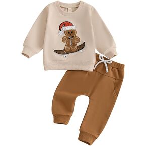 Rtnnsbbfcm Toddler Baby Boy Christmas Outfit Long Sleeve Gingerbread Man Embroidery Sweatshirt Top Pants Set
