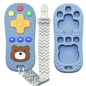 Silicone Teething Toys with Anti Dropping String, Remote Control Teething Toys for Babies 0-6 Months, BPA Free Baby Teether, Infant Toys for Teething Relief, Baby Chew Toys, Blue