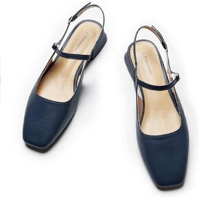 C.Paravano Women's Slingback Flats | Square Toe Slingback Flats for Women | Block Heel Slingback Sandals | Adjustable Strap Shoes (Size 11.5,Blue)