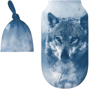Snowfall Cold Wolf Animal Pattern Baby Newborn Swaddle Blanket with Beanie Hat Set, 100% Cotton Receiving Blankets Sleep Sack for Boy & Girl Newborn Shower Gift