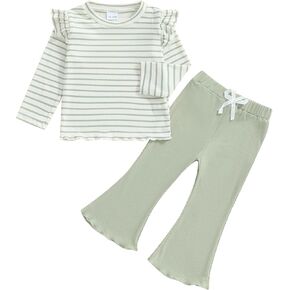Baby Girl Fall Clothes Toddler Flare Pants Set Lettuce Trim Long Sleeve Ribbed T-shirt Bell Bottoms 2Pcs Boho Outfit