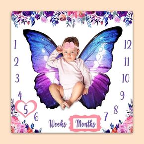 Baby Monthly Milestone Blanket, Colorful Butterfly Wings Flowers Blanket for Nursery, Girl 1-12 Months, Includes 4 Frame and 1 Headband 40"x40" BTLSPH432