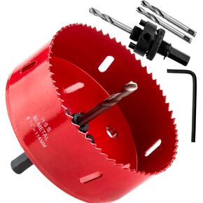 4-1/2 Inch Hole Saw with Heavy Duty Arbor, 38mm Cutting Depth HSS Bi-Metal Hole Cutter for Speakers Recessed Can Lights, Smoothly Cutting in Drywall Plastic Woods Acoustic Tile and Metal Sheet (Red)