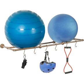 MyGift Modern Wall Mounted Rectangular Black Metal Sports Ball Holder with Hanging Hooks, Gym Wall Organizer Rack for Basketballs, Soccer Balls, Set of 2
