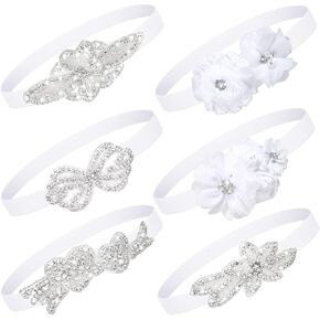 6 Pcs White Baptism Headband for Baby Girl Toddler Elastic Chiffon Flower Crystal Lace Headbands Christening White Baby Baptism Headband Gifts Birthday Baby Shower Party(Elegant Style)