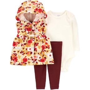 Carter's Baby girls' 3 Piece Little Vest Set, Hooded floral/Yellow/Red, 9m pant set
