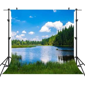 ST 6 X 6 FT Green Natural Fresh Backdrop Blue Lake and Forest Under White Clouds and Blue Sky Photography Backdrop for Summer Party Photo Booth Screen Backdrop or YouTube Background Props ST660282