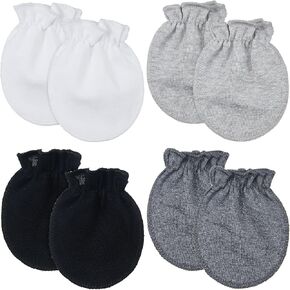 4 Pairs Newborn Baby Cotton Mittens No Scratch Gloves Newborn Mittens for 0-6 Months Baby (White, Light Gray, Gray, Black)