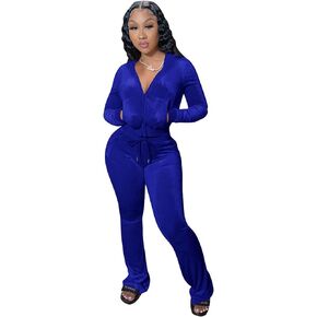 Two Piece Outfits for Women Womens 2 Piece Velour Hoodie Jogger Tracksuit, Long Sleeve Full-Zip Up Velvet Crop Tops Jacket Flared Pants Fall Lounge Matching Sets Sportswear Jogging Sweatsuit Pockets