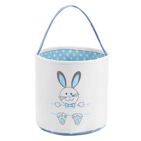 Easter Bunny Basket Bags for Kids, Canvas Cotton Personalized Egg Basket Hunt Bags Cute Rabbit Print Buckets for Easter Eggs, Candy, Gift (Blue)
