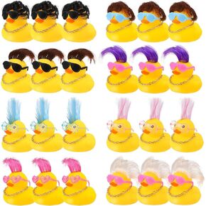 24 Set Mini Rubber Ducks with Wig Necklace and Sunglasses, Rubber Squeaky Ducks Bath Toys Small Rubber Duckies Bulk Cute and Funny Bathtub Toys for Birthday Shower Party Favor