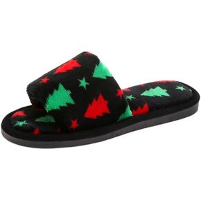 Women Christmas Slippers Fuzzy Slippers Indoor Plush Comfy Faux Fur Shoes Anti-Skid Sole Xmas Holiday Slippers