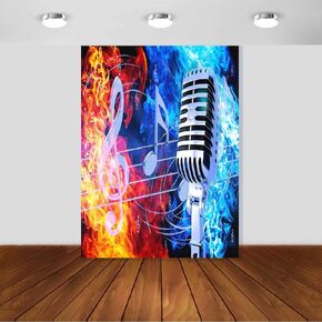 8X8 FT Ice Fire Microphone Backdrop Crazy Dream Rock Music Symbol Photography Background Rap Concert Party Fire Blue Water Red Flame Musical Notes Birthday Photoshoot Vinyl Supplies BJZYEM256