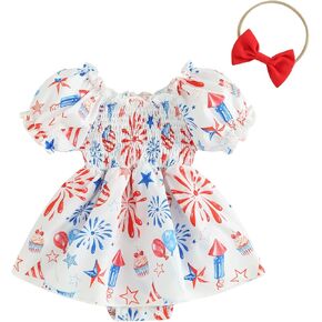 FYBITBO Infant Baby Girls 4th Of July Outfit Firework Puff Sleeve Romper Smocked Romper Dress Newborn Fourth Of July Clothes